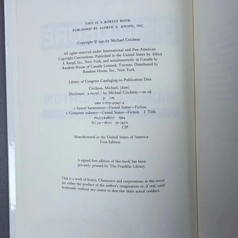 Michael Crichton‎ Disclosure Hardcover 1993 First Edition Thriller Fiction